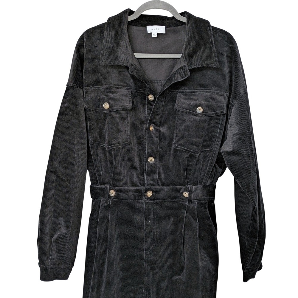 Mable Chelsea Cinched Waist Corduroy Jumpsuit Women L Black Long Sleeve Utility - Picture 5 of 10